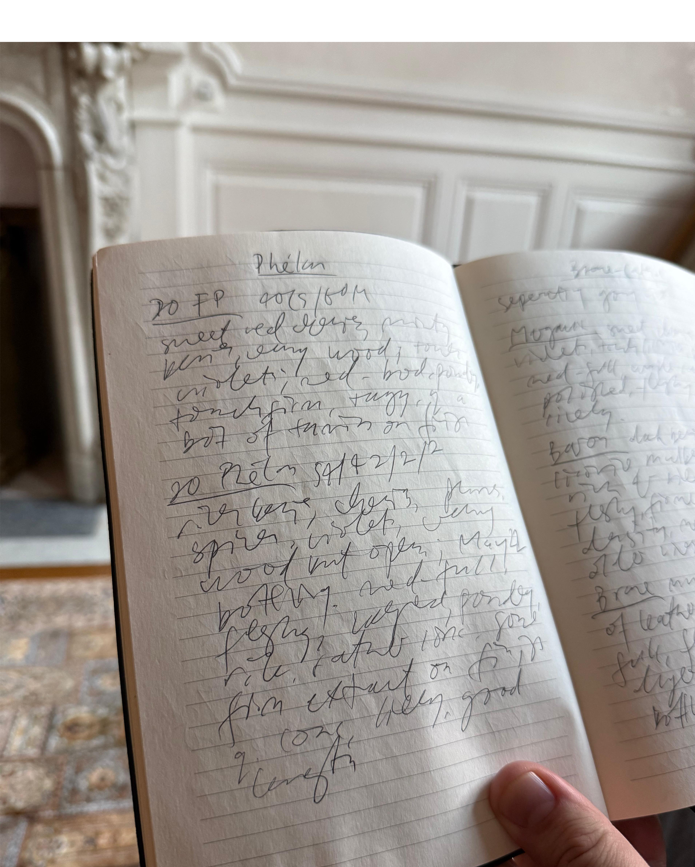 2. / 3. In zijn appartement in Beaune gunt Kelley ons een blik in zijn proefnotities. | 4. William met de grande dame van de Bourgogne: Lalou Bize-Leroy.